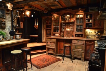 A kitchen with a speakeasy theme, featuring hidden cabinets, vintage bar stools, and a small stage for live music.
