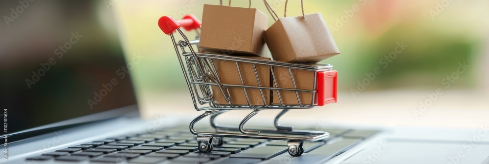 Poster miniature shopping cart full of cardboard boxes is standing on a laptop keyboard, representing the c