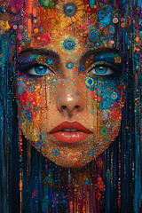A colorful, artistic portrait featuring a woman's face adorned with vibrant patterns and textures, highlighting striking blue eyes and expressive features.