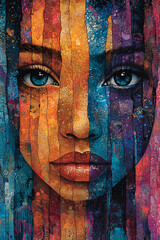 A vibrant portrait of a woman with striking blue eyes, composed of colorful vertical stripes that blend warm and cool tones.