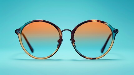 Fototapeta premium A pair of stylish, round sunglasses with a tortoiseshell frame and gradient lenses. The glasses are resting on a bright blue background.