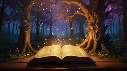 Enchanted forest with an open book radiating light at twilight