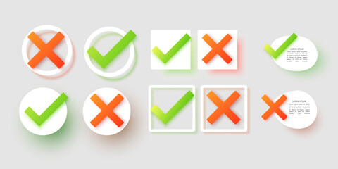 Green check mark and red cross icon set. Vector illustration