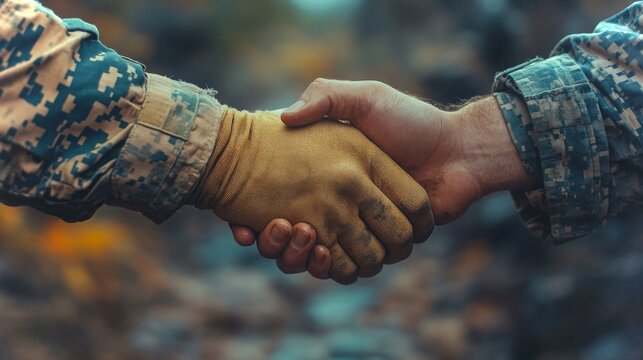 Veteran engages in community service by volunteering and shaking hands with a fellow participant