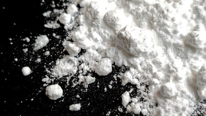 Splash of white powder on a black background. Copy space