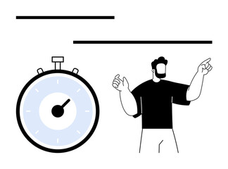 Stopwatch with a blue face and black outer casing next to a man pointing with both hands. Ideal for time management, planning, productivity, deadlines, efficiency, organization, goal setting. Line