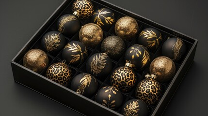 Obraz premium A box of black and leopard print Christmas ornaments