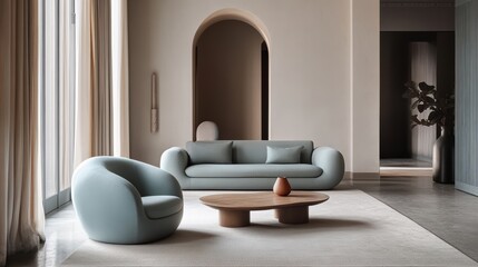 Minimalist interior design of modern living room with vibrant colorful multicolored armchairs and couch. 