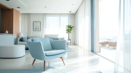 Fototapeta premium Minimalist interior design of modern living room with vibrant colorful multicolored armchairs and couch. 