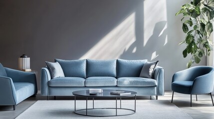 Minimalist interior design of modern living room with vibrant colorful multicolored armchairs and sofa with copy space.