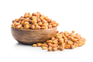 Roasted salted corn snack in bowl isolated on white background.