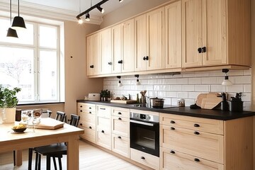 Fototapeta premium A Scandinavian kitchen with functional design, featuring clean lines, light woods, and muted colors, complemented by simple black fixtures.