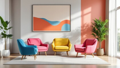 Minimalist interior design of modern living room with vibrant colorful multicolored armchairs and couch. 