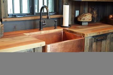 A kitchen designed with a mix of wood and copper, featuring a hammered copper sink and reclaimed wood cabinets.