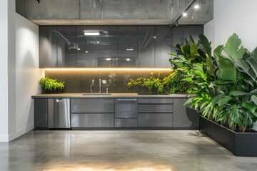 A sleek urban kitchen with gray lacquered cabinets, concrete floors, and a splash of vibrant green from indoor plants.