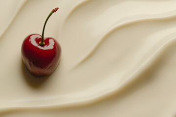 a cherry against a white chocolate background, macro photography,