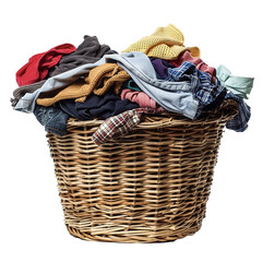 Wektor. Wiklinowy kosz z kolorowym, brudnym, nie złożonym praniem, ubrania, bluzki, dżinsy. © YOUR SHOT