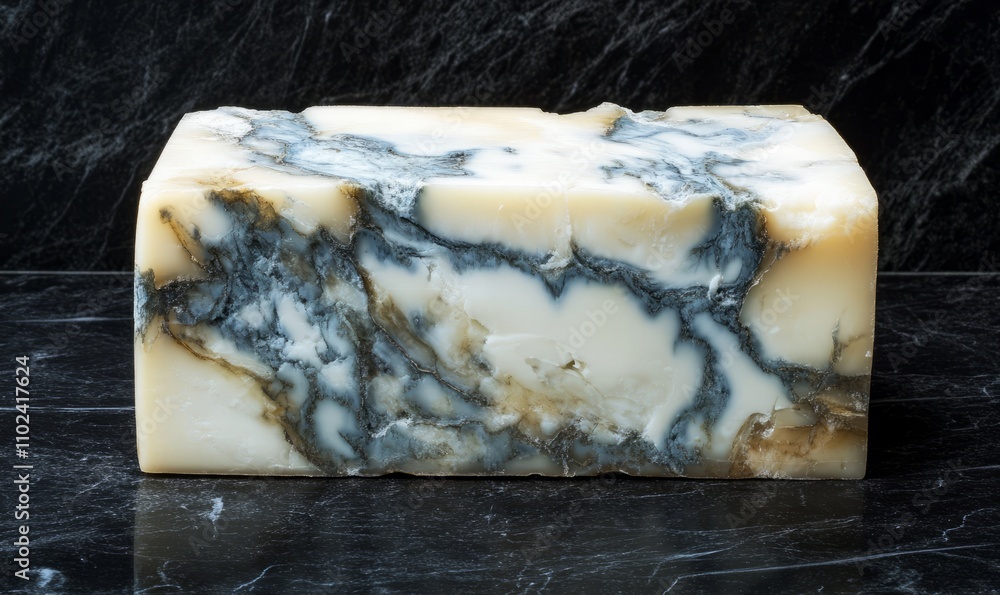 Poster a block of sharp crumbly cheese with a marbled pattern of blue s running through it revealing its ag