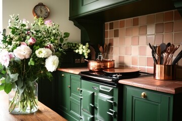 A traditional English kitchen with deep green cabinets, terracotta tiles, and an AGA cooker. Antique copper utensils and a bouquet of fresh flowers complete the charming look.