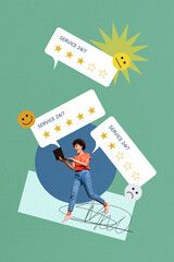 Composite trend artwork sketch image collage of service 24 7 star mark review recommend rating best young lady work laptop smile emoji