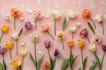 A whimsical arrangement of tulips in various pastel colors scattered across a light pink background, creating text space on the side