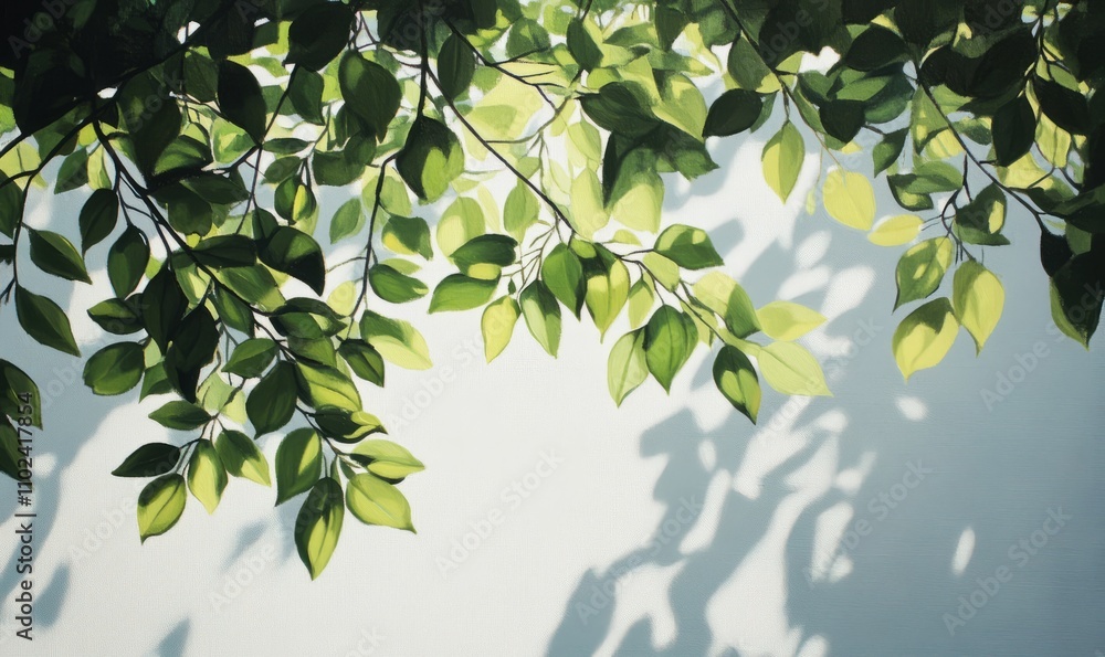 Poster a bright and airy image of tree leaves casting intricate shadows on a white canvas, with sunlight il