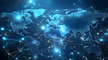 A light blue background with a digital world map and global network connections, representing the concept of international business or connectivity Generative AI


