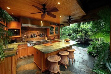 A tropical kitchen with teak wood cabinetry, bamboo ceiling fans, and a bar area opening to lush outdoor gardens. Natural stone countertops are paired with woven bar stools.