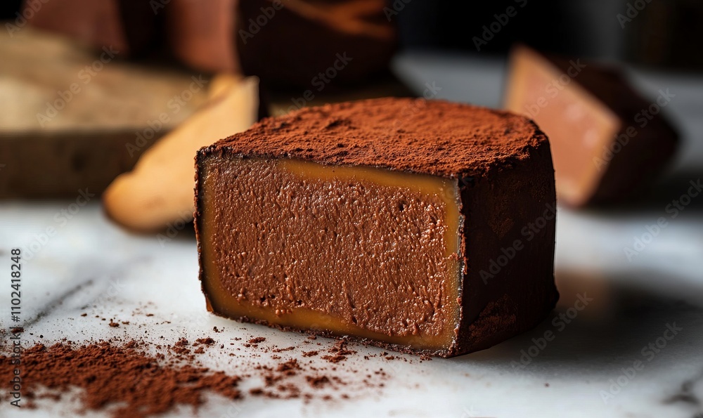 Poster a closeup of a deep red cheese aged and preserved with a layer of red wine and cocoa powder giving i