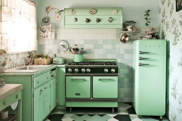 A vintage kitchen with mint green appliances, checkered floor tiles, and original 1940s cabinetry restored to its former glory.