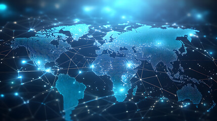 Fototapeta premium A light blue background with a digital world map and global network connections, representing the concept of international business or connectivity Generative AI