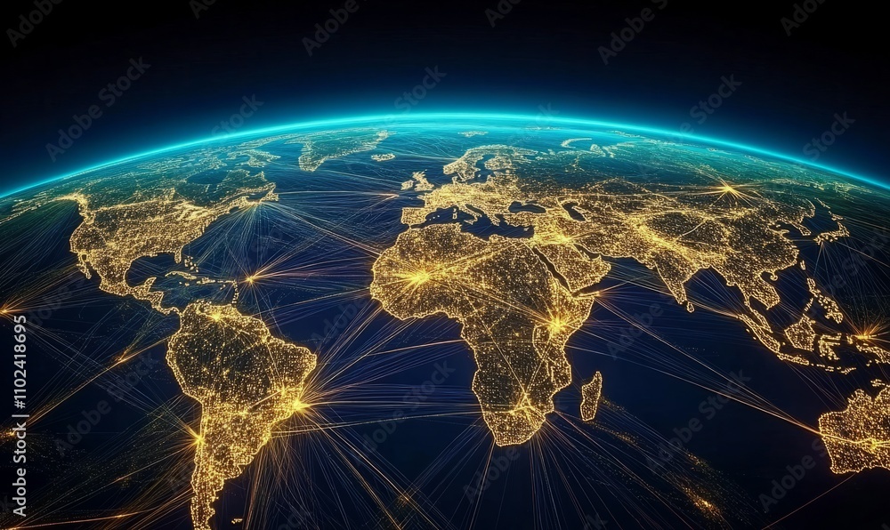 Poster global network connecting cities around the world with data transfer