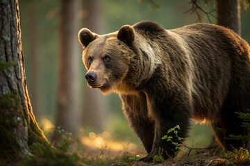 Obraz premium A brown bear stands in a forest with detailed fur and intense eyes, surrounded by a soft, blurred background.