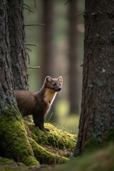 Obraz premium The image captures a solitary pine marten in a tranquil woodland, framed by tree barks and moss-covered ground, with its rich brown fur transitioning to golden hues around its bib and its sharp eyes c