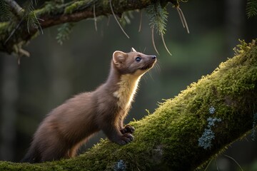 Fototapeta premium The image captures a solitary pine marten in a tranquil woodland, framed by tree barks and moss-covered ground, with its rich brown fur transitioning to golden hues around its bib and its sharp eyes c
