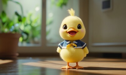 Cute Fluffy Duckling in Bright Sunlight Indoors with Greenery Background