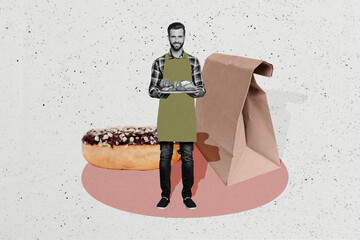 Composite photo collage of happy man baker hold croissant bread handmade dough puff donut sweet dessert isolated on painted background