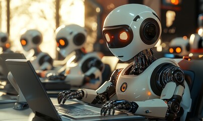 Fototapeta premium Artificial Intelligence Robots Working on Computers in a Futuristic Office Setting