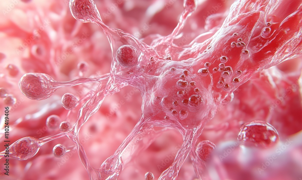 Poster high-resolution image of skin tissue with visible collagen strands and vitamin molecules, emphasizin