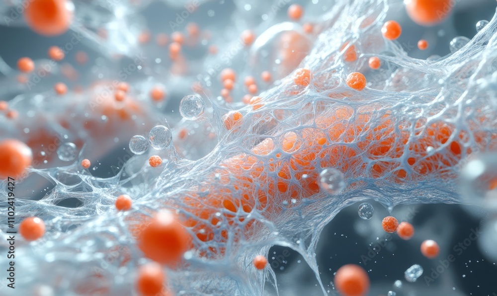 Poster high-resolution image of skin tissue with visible collagen strands and vitamin molecules, emphasizin