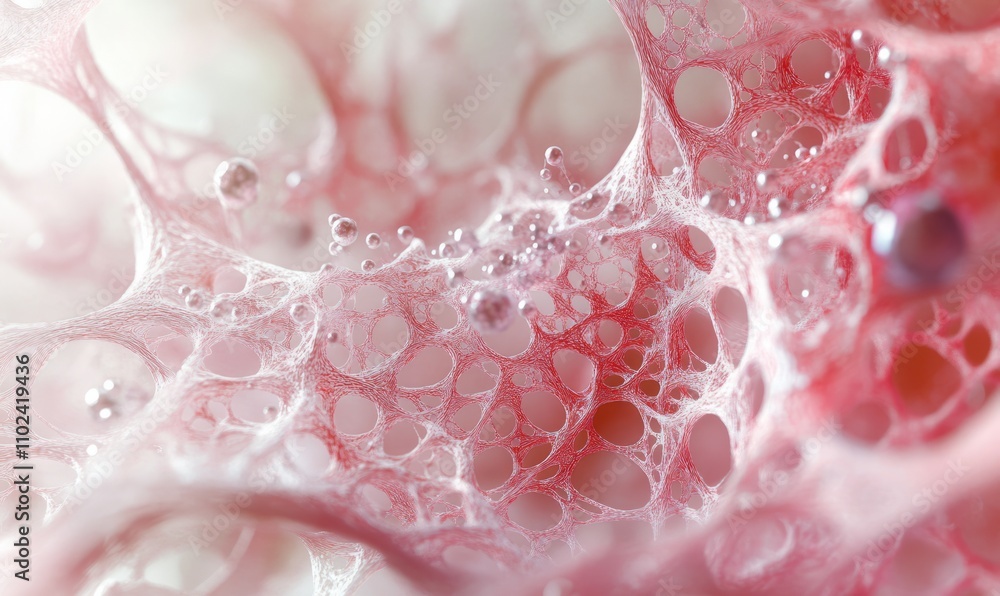 Poster high-resolution image of skin tissue with visible collagen strands and vitamin molecules, emphasizin