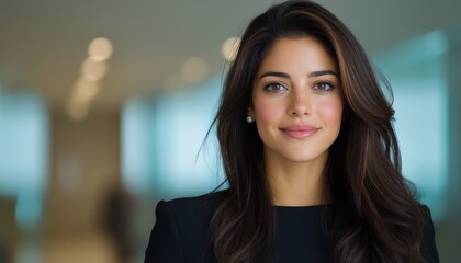 Young woman with long hair smiles confidently while standing in an office setting