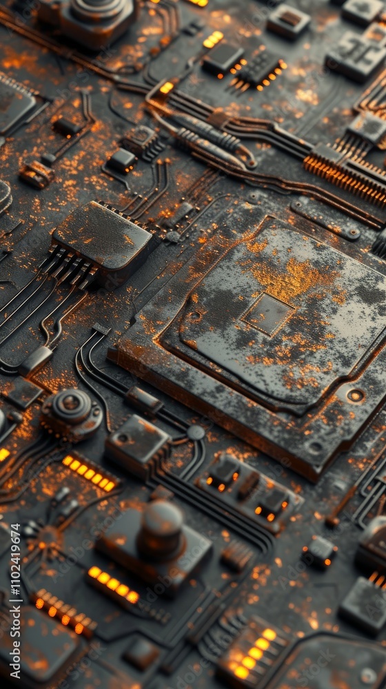 Poster a highly detailed depiction of a futuristic circuit board featuring rusted textures and illuminated 