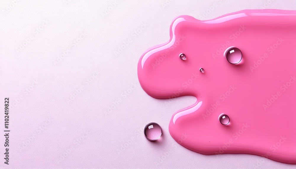 Poster bright pink liquid flows and forms unique patterns while droplets rest on a smooth surface
