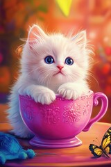 Adorable fluffy white kitten with blue eyes resting in a pink teacup, surrounded by colorful butterflies and vibrant decor.