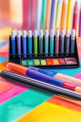 Naklejka premium Colorful art supplies: vibrant markers and watercolors arranged on a bright, abstract background.