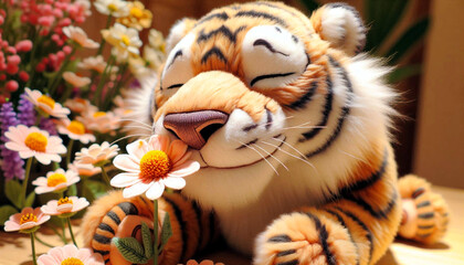 A plush tiger sniffs a flower delightedly