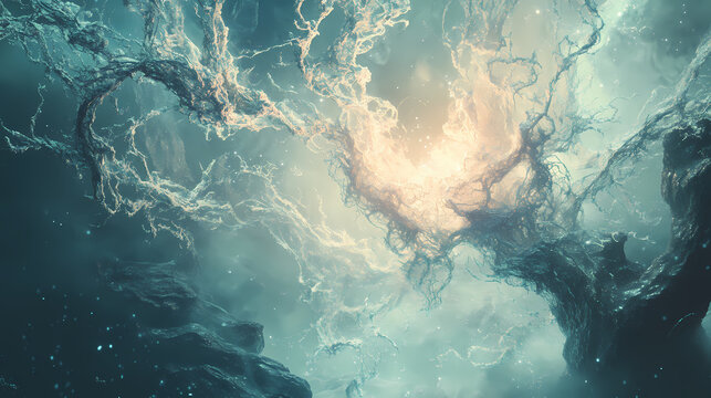 Fototapeta Flowing organic fractal energy softly glowing and expanding outward in a dreamlike liminal space. Liminal. Illustration