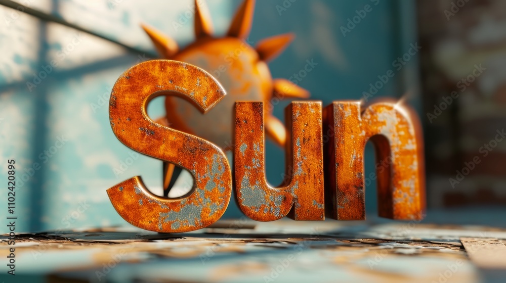 Poster a 3d rendering of the word sun with a weathered, rusty texture, set against a background featuring a