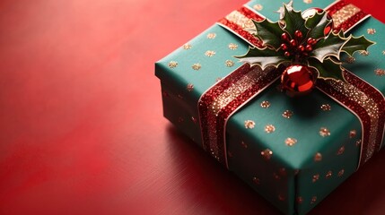 Decorative Christmas gift with green wrapping and red accents.
